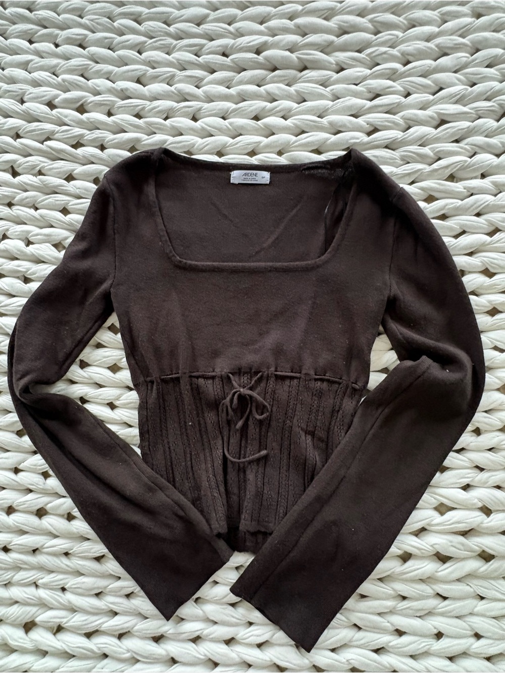 Ardene Brown black Long Sleeve Square Neck Knit Top with Waist Tie